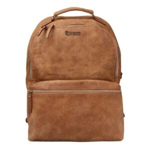 Classic Leather Backpack Featuring 4 Zippers & Trolly Sleeve - Light Brown - Ziwore