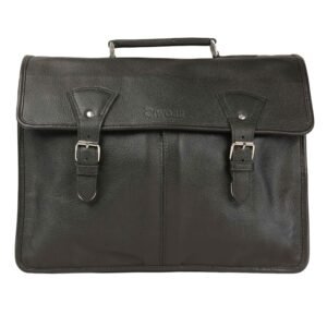 Executive Leather Briefcase Laptop Bag with 2 Open Front Pockets - Black - Ziwore