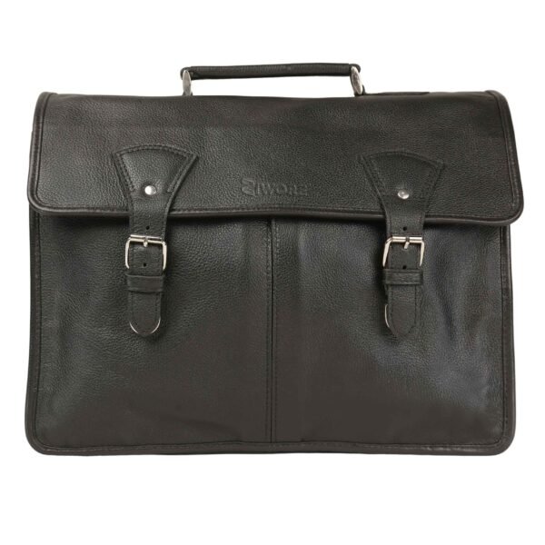 Executive Leather Briefcase Laptop Bag with 2 Open Front Pockets - Black - Ziwore